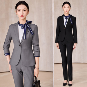 Women's Grey Professional Suit Set Autumn Three Quarter Sleeve Anti-Wrinkle Office Lady <b>Work</b> Uniform - Product Image 1