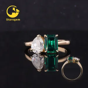 花式starsgem实验室种植宝石珠宝2宝石彩色梨和祖母绿切割10k纯金订婚戒指