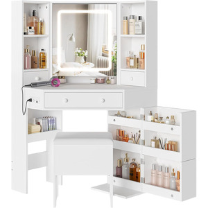OEM/ODM Custom <strong>Corner</strong> <strong>Vanity</strong> Desk Makeup <strong>Table</strong> with Mirror LED Light Charging Station Storage Stool Drawers - Product Image 1