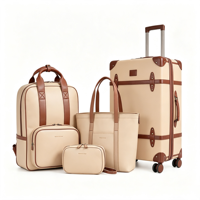 Ensemble de bagages vintage en PU avec logo personnalisé, 6 pièces, valise rétro avec sac à dos, bagages à roulettes de voyage, OEM ODM, sac cosmétique