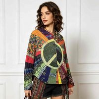 Cardigan en tricot multicolore à motif symbole de la paix par transfert thermique pour femme, style bohème, résistant à la décoloration, boutonné