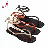 Sandales plates à lacets pour femmes, style rétro, à nouer autour de la cheville, bout carré, semelle antidérapante, chaussures d'été tendance pour les fêtes, vente en gros