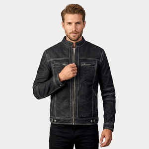 Chaqueta de Motociclista para Hombre, Lavada, con Cuello Alto, Cierre de Cremallera, Resistente al Viento, Estilo Motero, Color Sólido, Corte Regular, para Otoño - Product Image 1