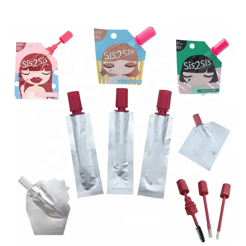 Makeup cosmetic stem spout pouch mascara eyeliner and lip gloss spout packaging bags with brush