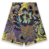 Kain Katun Batik Nigeria Afrika Motif Glitter Emas untuk Gaun dan Kemeja