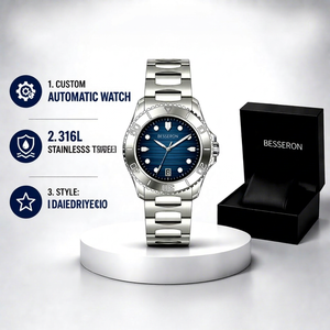 Reloj Mecánico de Lujo Personalizado de Acero Inoxidable Luminoso con Esfera Azul Analógica y Visualización de Fecha Automática para Hombre - Product Image 1