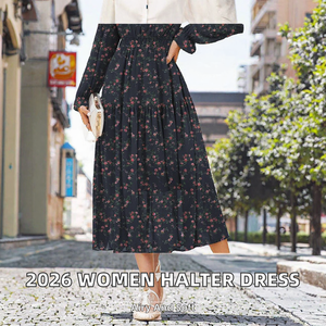Floral Print Autumn Midi <b>Dress</b> Long Sleeve V Neck Pleated Tiered Woven Casual <b>Wedding</b> <b>Boho</b> High Waist - Product Image 2