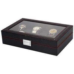 Estuche de Almacenamiento para Relojes de Lujo, de Fibra de Carbono Negra y Cuero PU, con 12 Ranuras, Estuche de Viaje para Relojes con Ventana de Vidrio - Product Image 3