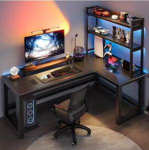 Bureau de jeu en bois noir moderne, spacieux et élégant, en forme de L, multifonctionnel, avec organisateur, pour salles de jeux à domicile et bureaux - Product Image 1