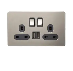 Gebronsde Uk Socket Messing Dubbele Socket 2 Usb Met Aan/Uit Schakelaar Rvs Retro