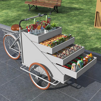 Accessoires pour café : Tricycle mobile orange avec parapluie pour la vente de snacks, bonbons, fleurs, événements de mariage, en acier inoxydable résistant à la rouille