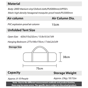 Tente gonflable double couche de 12 m², 23 kg, résistante aux UV, imperméable, en tissu Oxford, pour 8 personnes, quatre saisons, portable, pour le camping en plein air - Product Image 3