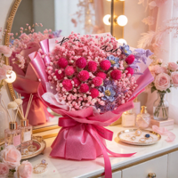 Buket Bunga Awet Warna Pink, Bunga Kering Buatan Tangan, Kotak Hadiah Bulat Dekoratif untuk Pernikahan dan Hari Valentine