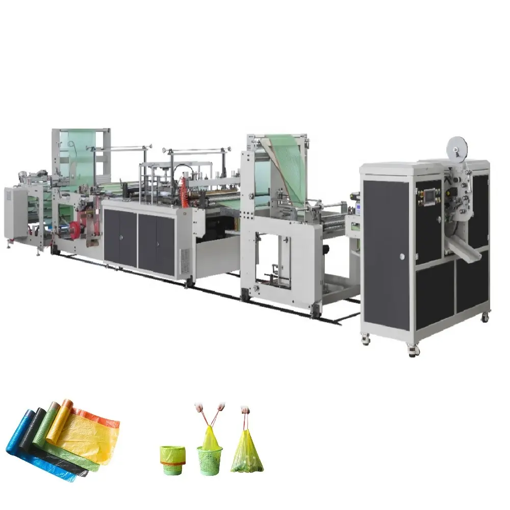 Automatic New Plastic PE draw tape garbage drawstring bag on roll making machine with auto rewinder