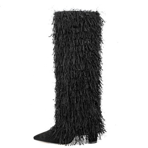 Big Size 45 Women's Winter Tassel Knee High Boots Suede Fringes Upper Chunky Heel Shoes Wide Fit <b>Long</b> Booties Custom - Product Image 3