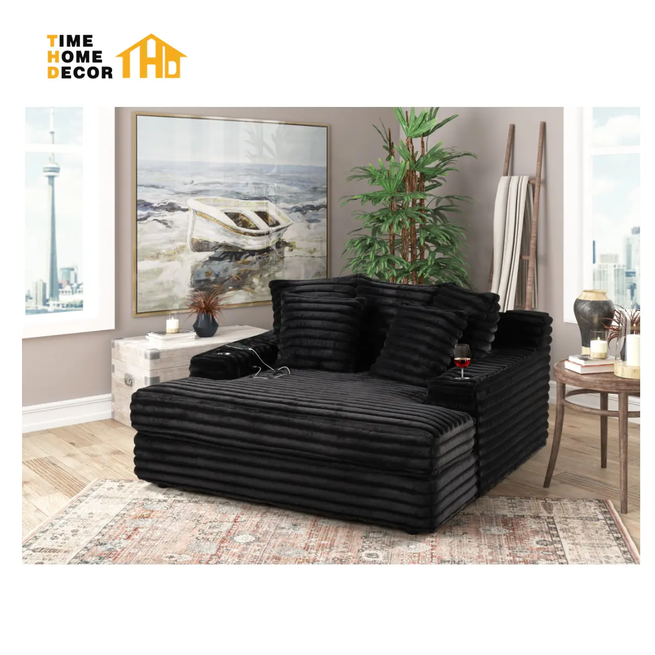 Loveseat Living Room Super Soft and Thick Striped Corduroy Chaise Lounge Water proof Modular Sectional Sofa Couch Set