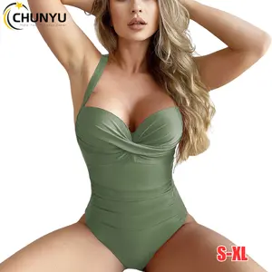 Women's Hot Sexy One Piece Solid Color Swimsuits Tummy Control High Waisted Bathing Suit Ruched Swimwear