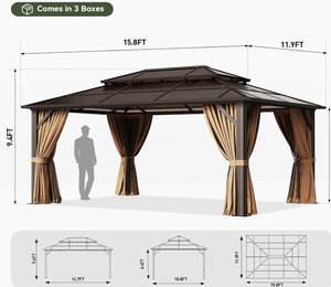 Gazebo à toit rigide, pavillon <span class=keywords><strong>permanent</strong></span> à structure en aluminium avec rideaux et moustiquaire, auvent extérieur à double toit en polycarbonate - Product Image 6