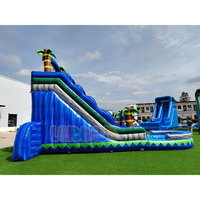 Toboggan aquatique gonflable Tropical Palm Tree Wave avec piscine, toboggan aquatique gonflable pour enfants et adultes, idéal pour l'été, la cour arrière, les fêtes commerciales