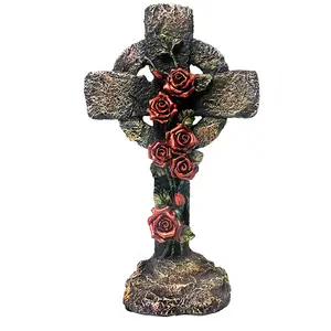 Polyresin Kruis Bloemen Cross 9.5 "God Zegeningen Vintage Stijl Victoriaanse Toscaans Tuin Standbeeld Beeldje