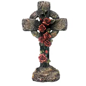 Polyresin Cross Floral Cross 9.5 "พระเจ้าBlessingsสไตล์วินเทจVictorian Tuscan Gardenรูปปั้นFigurine