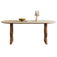 Table à manger vintage de style français en bois massif avec plateau en pierre, design moderne du milieu du siècle, forme ovale compacte pour les petites maisons