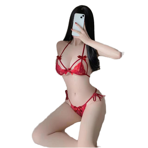 Set di mutandine <span class=keywords><strong>reggiseno</strong></span> a tre punti in pizzo Sexy di alta qualità da donna all'ingrosso <span class=keywords><strong>trasparente</strong></span> tentazione Spandex Nylon ricamo luce - Product Image 3