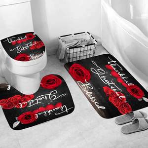 4Pcs Rose rouge Accessoires de salle de bain Rideau de <span class=keywords><strong>douche</strong></span> béni reconnaissant avec tapis <span class=keywords><strong>antidérapant</strong></span> Couvercle de toilette Tapis de bain en stock - Product Image 2
