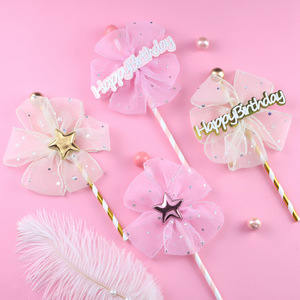 Decoración <span class=keywords><strong>para</strong></span> Pastel de <span class=keywords><strong>Cumpleaños</strong></span> Estilo Chino, Inserto de Malla con Lazo 'Feliz <span class=keywords><strong>Cumpleaños</strong></span>', Tarjeta Insertable con Estrella Pentagonal, Flor Estrella - Product Image 1