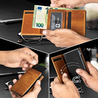 Dompet Pria Kulit PU Vintage, Tempat Kartu Logam, Anti RFID, Dompet Aluminium Pop-up untuk Pria dengan Kantong Koin Ber-resleting