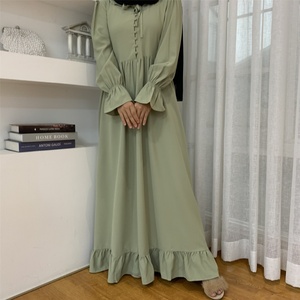 6389# New Coming High Quality Nida Dress Pleated Big Hem Style Cute Buttons Long Sleeve Maxi Dress <b>Islamic</b> Muslim Dresses - Product Image 5