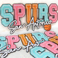 Patchs à sequins Spurs de 10 pouces, motif 'Texas San Antonio Fiesta' avec lettres brodées, grand format thermocollant pour le dos de veste, en stock