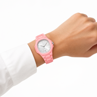 Montre pour femme aspect céramique rose, cadran argenté soleil, petite seconde, personnalisable, directement de l'usine