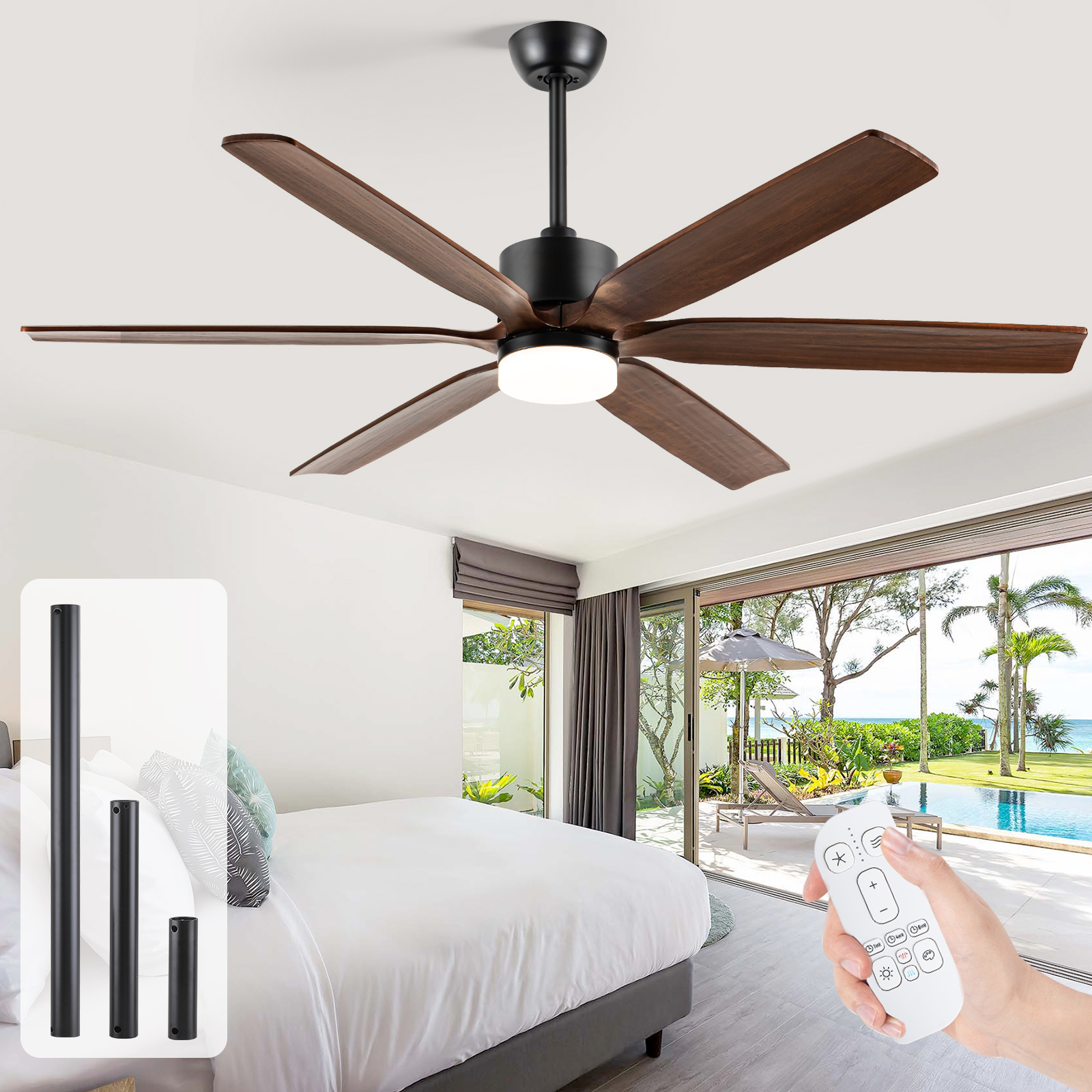 60" Wood Farmhouse Rustic Ceiling Fan with Light 6 Blades BLDC DC Motor Remote Control 5CCT Dimmable LED Air Cooling Fan