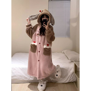 Ensembles de vêtements de nuit mignon <span class=keywords><strong>fille</strong></span> dessin animé à capuche corail polaire pyjamas femmes épais chaud peignoirs pour automne hiver - Product Image 6