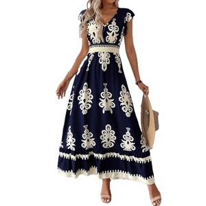 Robe trapèze sans manches taille haute rétro en satin imprimé floral et dentelle, décontractée pour femme, collection été 2026, éco-responsable, offre spéciale - Product Image 1