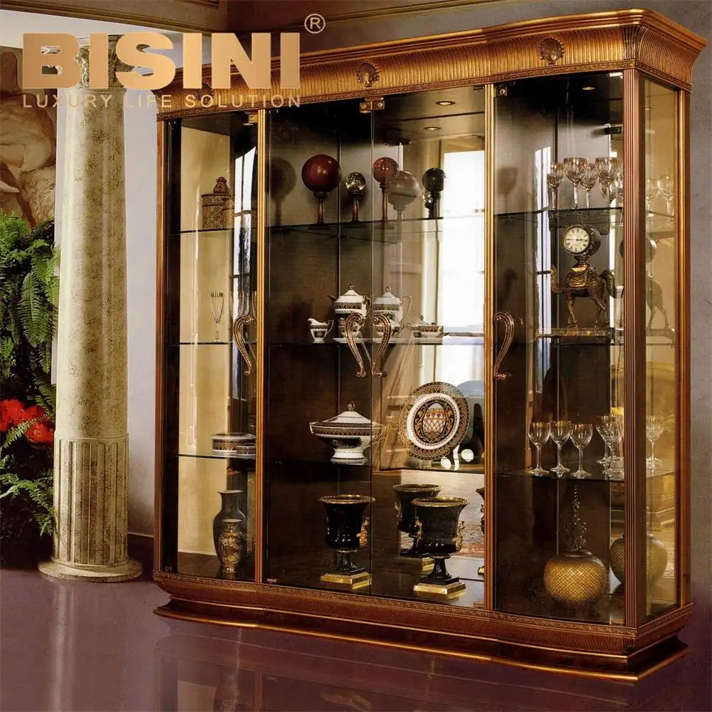 Antiguo de lujo de madera maciza tallada habitación 4 puerta de la hoja de oro de gabinete de vino italiano de vitrina de vidrio