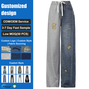 <span class=keywords><strong>Pantalones</strong></span> Vaqueros Holgados de Moda para Mujer al por Mayor, con Parches de Tela en Contraste, Pierna Recta Relajada, Denim Suave para Mujer - Product Image 1