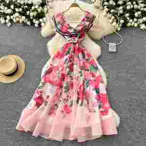 Vestido Midi Casual de Verano con Cuello en V y Estampado Romántico para Mujer, Vestido con Volantes y Encaje - Product Image 2