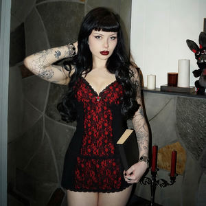Camisola Gótica Y2K con Encaje Oscuro y Estampado Floral, Cuello en V, para Mujer, Sexy, con Contraste de Color, Tejido Elástico, Informal, Transpirable - Product Image 2