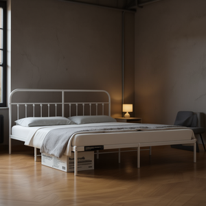 Struttura letto industriale in metallo king size, bianca, in acciaio verniciato a polvere, con base a molle, per camera da letto - Product Image 2