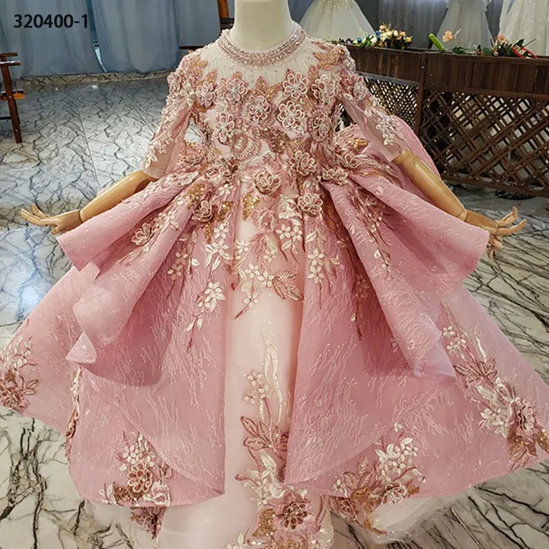 Jancember 320400-1 High Quality Pink Lace Up Flower Gowns Evening Dress For Kids