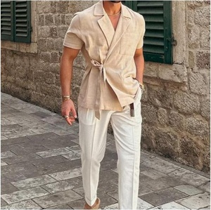 Camicia <span class=keywords><strong>Giacca</strong></span> <span class=keywords><strong>Estiva</strong></span> da <span class=keywords><strong>Uomo</strong></span> in <span class=keywords><strong>Lino</strong></span> Intrecciato Anti-Piega Traspirante Tinta Unita Stile Street Casual con Colletto Risvoltato e Laccio - Product Image 4