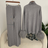 Ensemble deux pièces pull col roulé ample en maille et pantalon large en fourrure de Mongolie douce et luxueuse, personnalisé pour l'automne