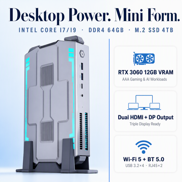 2026 New Mini Desktop Gaming PC with Intel Core I7/I9 12th/13th Gen Processor RTX3060 12GB Graphics Card DDR4 Memory US Plug