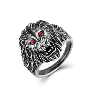 Men's Sterling Silver Lion Head Ring With Red Zircon Eyes - Size 6.5, Oxidized & Polished