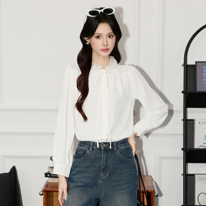 Ruffled Collar Chiffon Long Sleeve Shirt Women Spring Autumn Loose Fit Tie Waist Solid Color Blouse Everyday Wear - Product Image 2