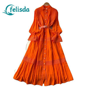 Abito Estivo Chic da Donna in Pizzo di Lusso con Ampia Gonna, Maniche a Lanterna, Monopetto con Cintura, Stile Francese per Spiaggia e Feste Serali - Product Image 1