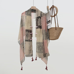 Ethnic Style Silk Scarf With Tassel Color Blocking Chiffon Shawl For Women Summer Outerwear Travel Sun Protection Vest - Product Image 1