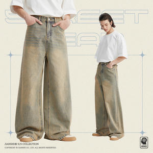 Yeni Trendy Vintage sarı Stonewashed geniş bacak kot erkekler için gevşek düz ODM çift pantolon sokak Y2K örme karşılamak Denim - Product Image 6